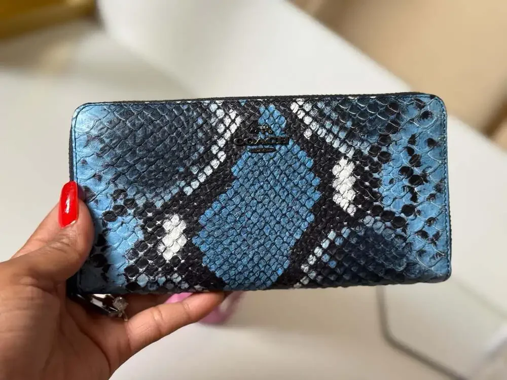 Coach Accordion Zip Around Wallet in Blue and Black Snakeskin Embossed Leather